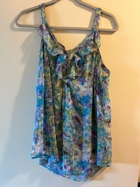 Avenue Blue and Green Watercolor Ruffle Blouse